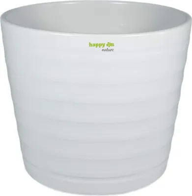 A white ceramic planter with a textured exterior and a small green logo on the front.