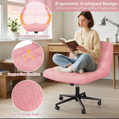 Obrázek produktu pro Široká židle s područkami – Otočná kancelářská židle – Ergonomická – S nastavitelnou výškou – Extra široké sedadlo – Měkce polstrovaná látka Sherpa – S kolečky – Růžová