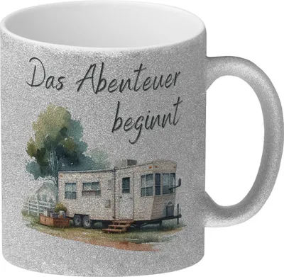 Produktbild von Wohnwagen Glitzer-Kaffeebecher mit Spruch Das Abenteuer beginnt