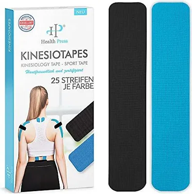 Produktbild von Health Press Kinesiotapes - 50 Kinesiologie Tape Streifen Precut Blau + Schwarz (25cm x 5cm)