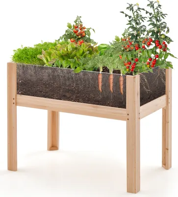 Produktbild von GOPLUS 130L Hochbeet aus Tannenholz, Gartenbeet mit 2 Abflusslöcher, Pflanzbeet für Garten & Terrasse, Natur(100 x 59 x 77 cm)