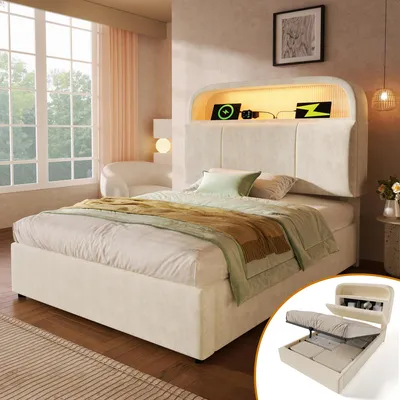 Immagine prodotto di Letto imbottito Sweiko letto singolo 90x200 cm con testata regolabile in altezza, letto idraulico con illuminazione LED e stazione di ricarica USB/Type-C, velluto, beige, inclusa rete a doghe (senza materasso)