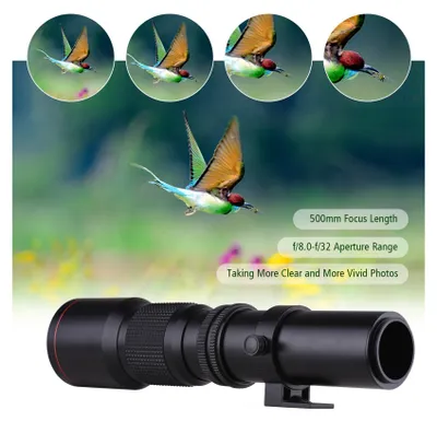 Productafbeelding van 500 mm F/8,0–32, super-teleobjectief met meerdere coatings, met handmatige zoom en een T-mount naar EF-mount adapterringset, vervanging voor Canon Rebel T3, T3i, T4i, T5, T5i, T6, T6i, T6s, T7, T7i, SL1, SL2, 6D, 7D, 60D, 70D, 77D, 80D