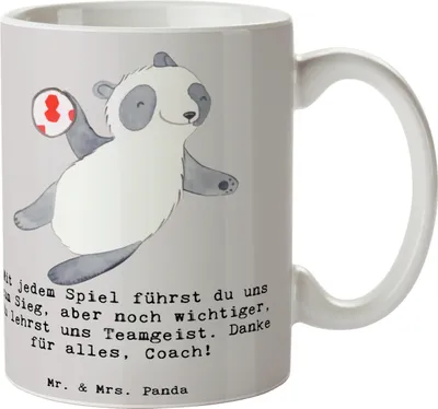 Produktbild von Mr. & Mrs. Panda Tasse Handball Trainerin Dankeschön - Grau Pastell - Geschenk, Erfolg, Sportart, Zusammenhalt, mit Spruch, Hingabe, Trinkbecher, Danksagung, Kaffeebecher
