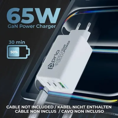 Produktbild von prio Wandladegerät GaN Power 65W PD PPS (USB C) + QC 3.0 (USB A) weiß