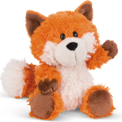 A plush toy fox sitting on a white background.