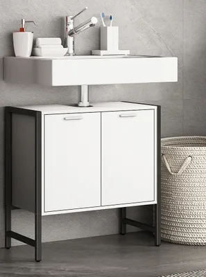 Produktbild von VCM Waschbeckenunterschrank | Badschrank | Maße: H. 60 x B. 60 x T. 30 cm | 2 Seitenteile aus Metall | Korpus aus Holz | 2 große Drehtüren - Edino