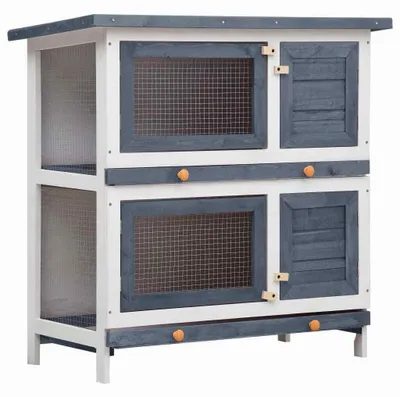 Image de Cage à lapins en bois avec 4 portes. Cage pour lapins, cage pour petits animaux, idéale pour le jardin, avec une zone d'exercice et une rampe, pour rongeurs et lapins. Couleur : gris