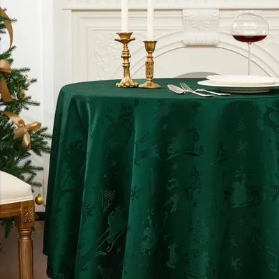 Produktbild von Tischdecke rund 180 cm dunkelgrün abwaschbar Jacquard Hirsch Weihnachtsbaum