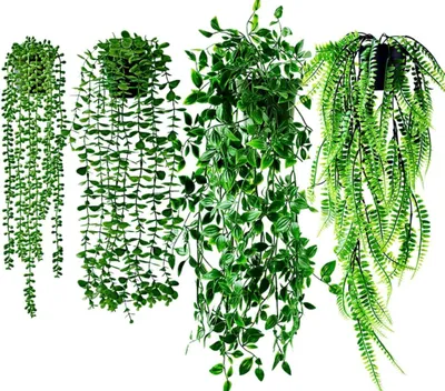 Produktbild von 4 Stück Künstliche Hängepflanzen mit Töpfen, Künstliche Pflanzen Rebe Kunstpflanzen hängend Plastik Hängepflanzen für Startseite Wand Regal Badezimmer Büro Innen Außenbereich Nachbildung