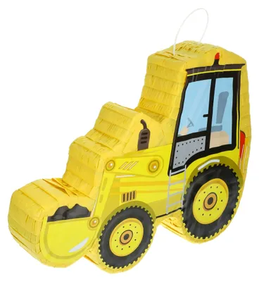 Produktbild von Gelbe Piñata aus Papier in Baggerform für Kindergeburtstag und mexikanische Feier