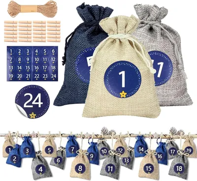 Image de Calendrier de l'Avent à réaliser soi-même, à remplir. Tissu - 24 petits sacs pour calendrier de l'Avent à remplir - Calendrier de l'Avent de Noël pour enfants