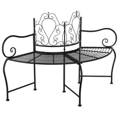 A black metal garden bench with a decorative backrest, shown against a white background.