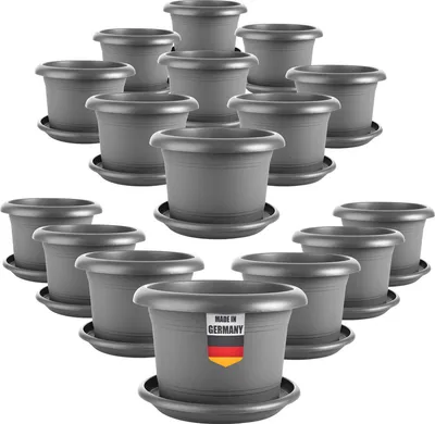 Produktbild von Elegantes 16er-Set Blumentopf groß 40 cm Durchmesser - Pflanzkübel groß außen in Anthrazit, mit Untersetzer, Robust & Frostsicher, aus Kunststoff