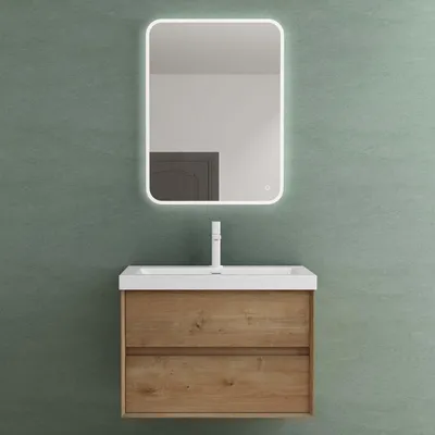 Produktbild von Mai & Mai Badmöbelset Badezimmermöbel Waschbeckenunterschrank 2 Schubladen mit Soft-Close inkl. Waschbecken und LED-Badspiegel Kerneiche 76,5 cm Rimo