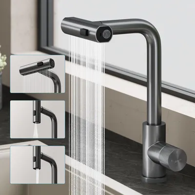 Produktbild von doporro Wasserfall Wasserhahn Küche Hochdruck mit 3 Strahlarten und Einhebel-Mischbatterie, ausziehbare Spültischarmatur Grau Turnix-02