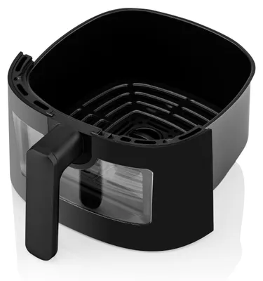 A black air fryer basket with a handle and transparent viewing windows on a white background.