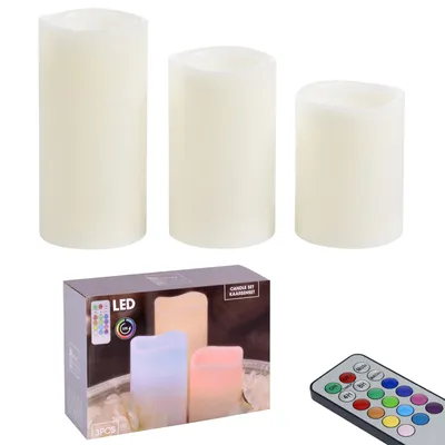 Produktbild von 3tlg. LED Kerzen Set Inkl. Fernbedienung Echtwachs Kerze Ø 7,5 cm Kerzenset Echtwachskerzen mit Farbwechsel Timerfunktion Flammenloses Kerzenlicht