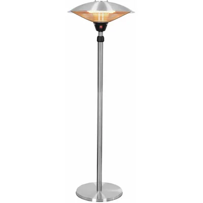 A silver outdoor heater on a stand against a white background.