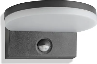 A close-up studio shot of a dark gray outdoor LED light fixture with a motion sensor.