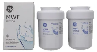 A box and two refrigerator water filters are shown against a white background.