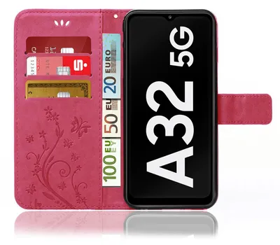 Produktbild von Handy Tasche für Samsung Galaxy A32 5G  Schutz Hülle Handyhülle mit Blumenmuster Klapp Hülle mit Standfunktion und Kartenfächer Pink