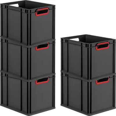 Immagine prodotto di Set economico 5x Eurobox NextGen Color | HxLxP 32x30x40cm | 30 litri | Maniglie rosse aperte | Nero | Eurocontenitore, contenitore per il trasporto, contenitore per il trasporto, contenitore impilabile