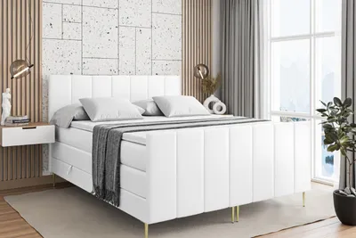 Produktbild von ALTDECOR Boxspringbett mit Gold Füßen, Matratze und Lattenrost, Topper, Fußteil, Polsterbett mit Bettkasten, Bett mit Stauraum H3- und H4- Matratze -MOETI-FZ-Z KING-140x200 - Weiß Kunstleder