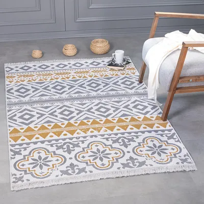 Immagine prodotto di Tappeto a pelo corto - Tappeto Boho Kelim, tappeto per soggiorno, camera da letto e cucina, tappeto per corridoio, 160 x 230 cm, Vetroceramica-grigio chiaro-oro