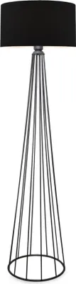 A floor lamp with a black shade and a wireframe base.