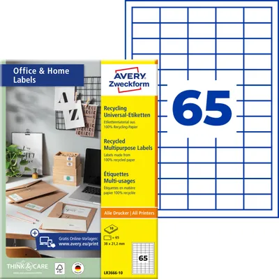 Produktbild von Avery Zweckform LR3666-10, Recycling Etiketten, Home Office, Kleinpackung, A4, 38 x 21,2 mm, 650 Etiketten / 10 Bögen, naturweiß