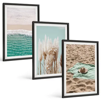 Produktbild von Bilder Set 3-teilig im schwarzen Rahmen – Wandbilder 3 Stück – gerahmte Poster für Wohnzimmer, Schlafzimmer und Flur – 40x60 cm – Strandwellen Grashut
