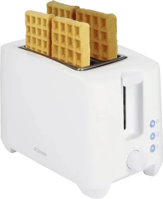 A white toaster with four waffles inside, shown on a white background.
