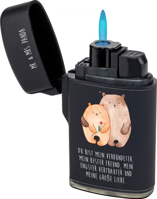 Produktbild von Mr. & Mrs. Panda Gasfeuerzeug Bären Liebe - Schwarz - Geschenk, sturmfeuerzeug, gasfeuerzeuge, Feuerzeug, Bär, Blume, Freundin, anzünder, Feuerzeuge, Hochzeitstag