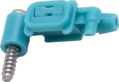 A close-up studio shot of a teal and silver electronic component with a screw.