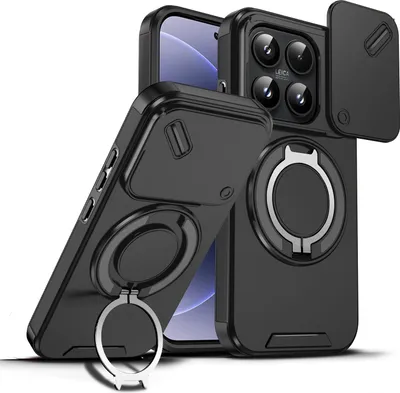 Immagine prodotto di Custodia a doppio strato per Xiaomi 17, con copertura scorrevole per fotocamera e supporto magnetico ad anello Nero