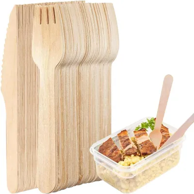 Produktbild von Einweg-Holzbesteck Set, 200 Teile, 16 cm | 100 Holzmesser und 100 Holzgabeln aus 100% Birkenholz, kompostierbar für Partys, Geburtstage und Camping