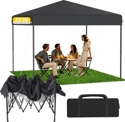 Image de UISEBRT Pavillon pop-up anthracite 3x3 m, pavillon pliable à montage rapide à un seul bouton, imperméable et protection UV, sans panneaux latéraux, sac et piquets inclus