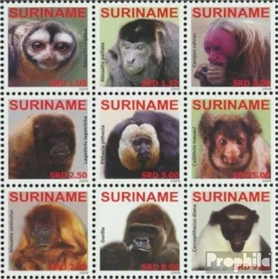 Produktbild von Briefmarken Suriname 2009 Mi 2336-2344 Neunerblock (kompl.Ausg.) postfrisch Affen