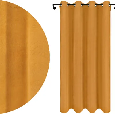 A close-up view of a mustard yellow curtain fabric and a full view of a mustard yellow curtain hanging on a rod.
