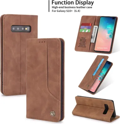 Image de Étui rétro en cuirPolyuréthanepour Samsung Galaxy S10 Plus étui design avec porte-cartes et support Marron