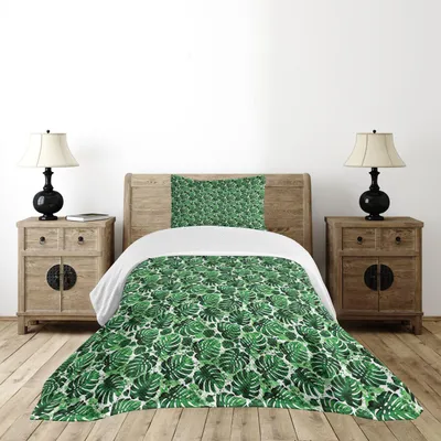 Produktbild von ABAKUHAUS Tropisch Tagesdecke Set, Grün-Töne Exotische Monstera Blatt-Muster mit Farbspritzer Effect Drucken, 170 x 220 cm, Mehrfarbig