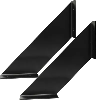 Two black metal shelf brackets are shown against a white background.