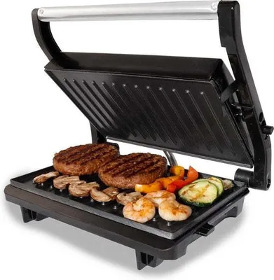 Produktbild von Tomado TGC2001S - Kleiner Kontaktgrill - Griller - Sandwichmaker - Antihaftbeschichtung - Schwimmende Abdeckung - 750 Watt - Schwarz/RVS