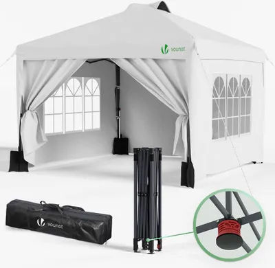 A white pop-up canopy tent is shown set up, with its frame and carrying bag displayed separately. A close-up inset highlights a red connector piece on the frame.