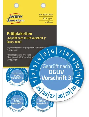 Produktbild von Prüfplaketten  nach DGUV 2025-2030 NoPeel 30mm 80 Stück