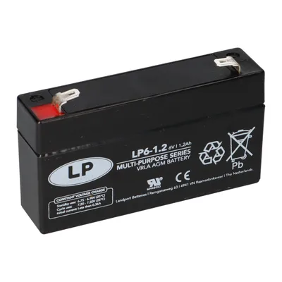 A black battery with labels and markings.