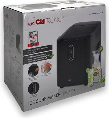 The image shows the retail packaging of a Clatronic ice cube maker.