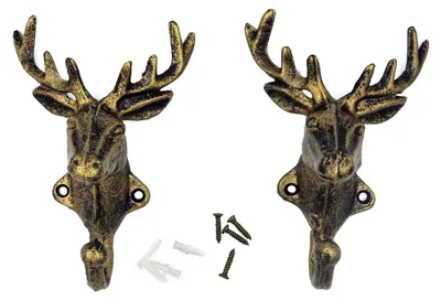 2er-Set Hirschkopf-Wandhaken aus Gusseisen, Gold, 16 cm