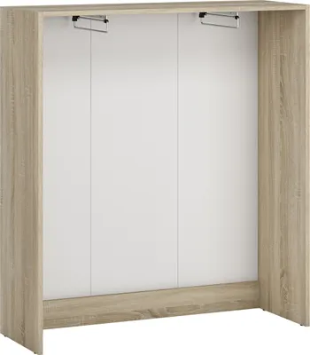 A front view of a wardrobe with three doors, made of wood-effect material and white panels.